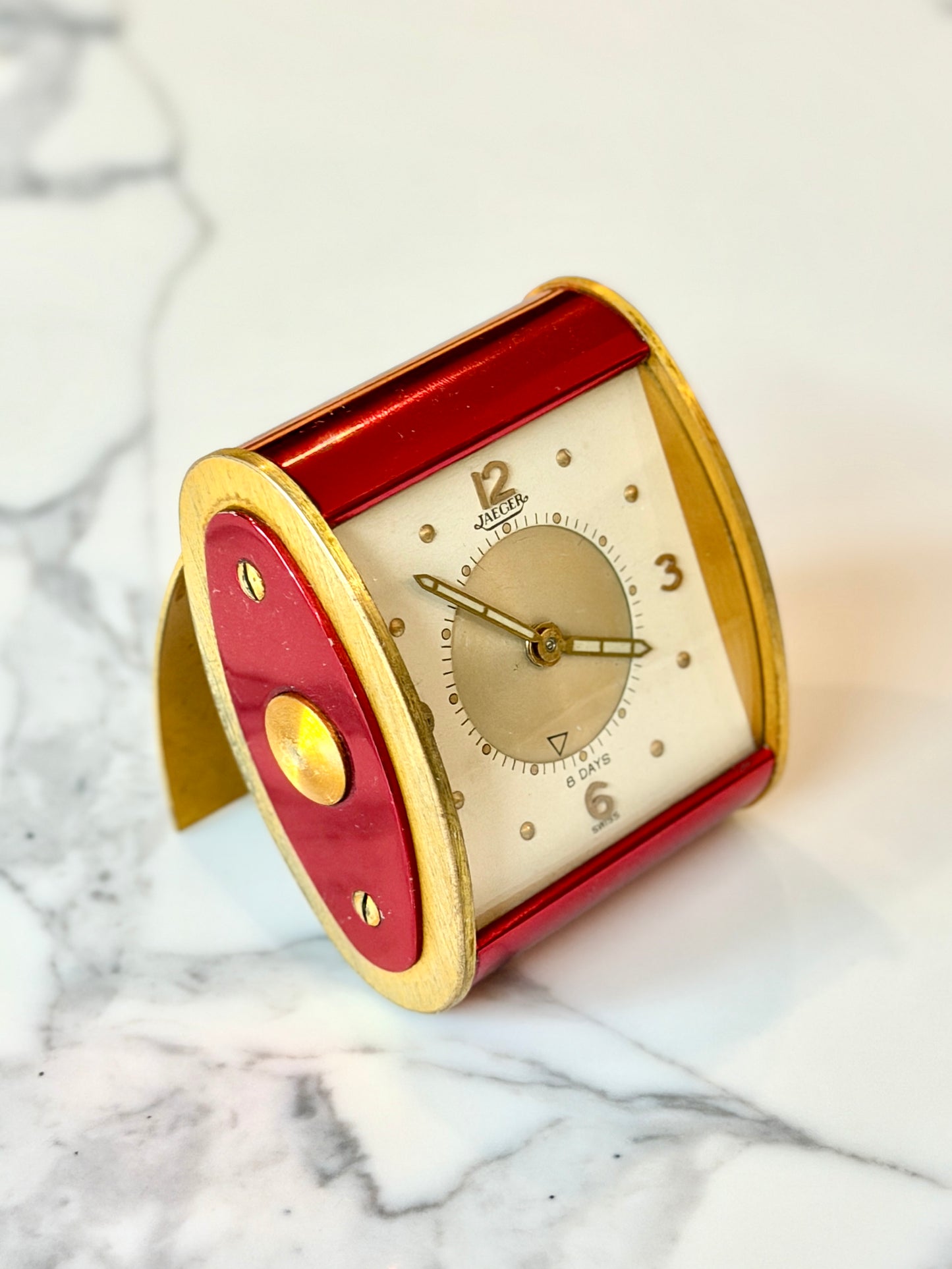 Vintage Jaeger-LeCoultre 8 Day Folding Alarm Clock in Red & Gilt Brass, Swiss Made c.1950s