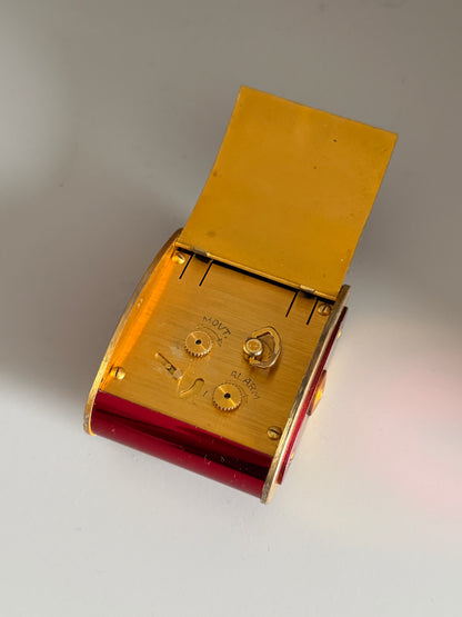 Vintage Jaeger-LeCoultre 8 Day Folding Alarm Clock in Red & Gilt Brass, Swiss Made c.1950s