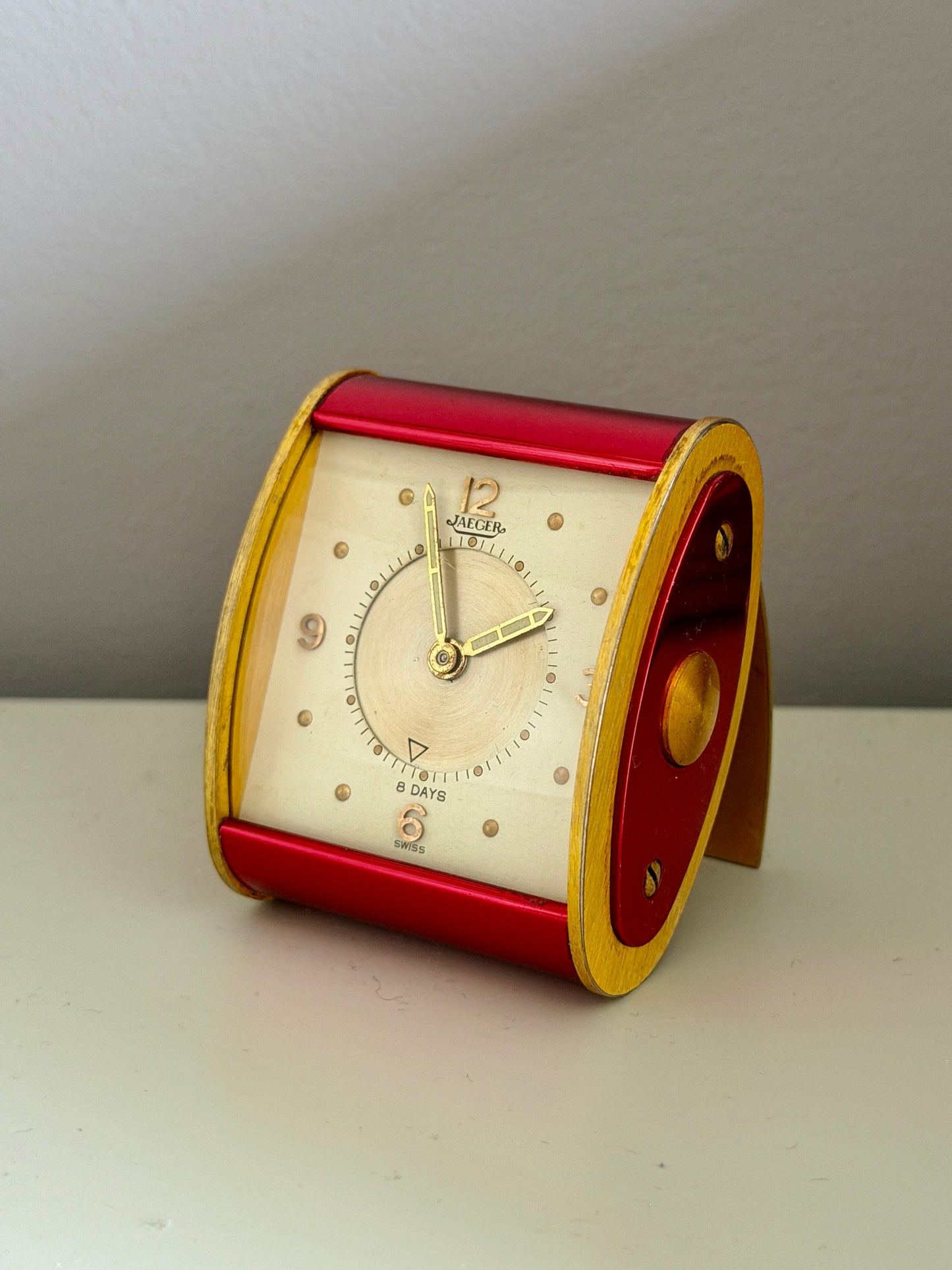 Vintage Jaeger-LeCoultre 8 Day Folding Alarm Clock in Red & Gilt Brass, Swiss Made c.1950s