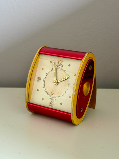 Vintage Jaeger-LeCoultre 8 Day Folding Alarm Clock in Red & Gilt Brass, Swiss Made c.1950s