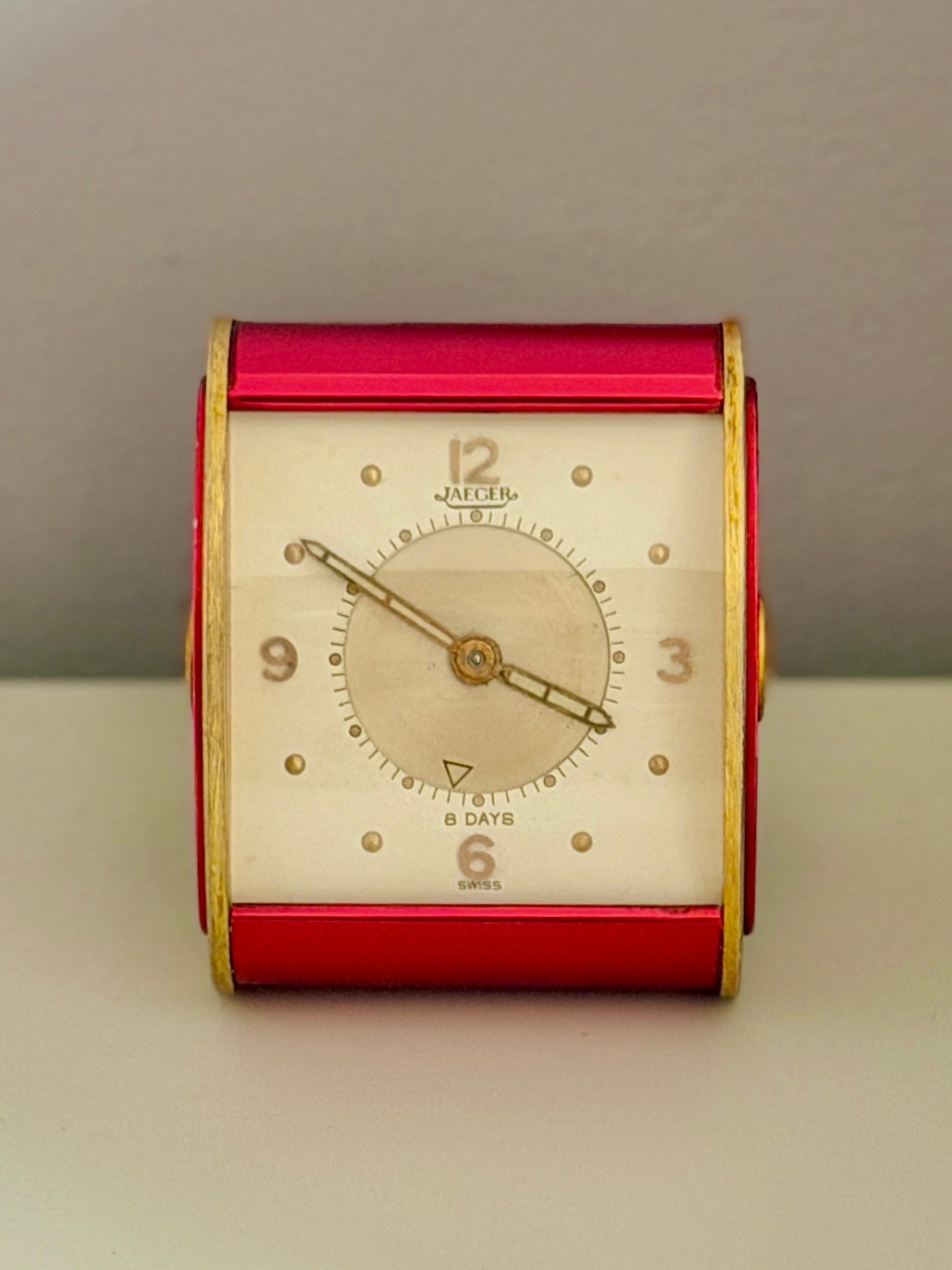 Vintage Jaeger-LeCoultre 8 Day Folding Alarm Clock in Red & Gilt Brass, Swiss Made c.1950s