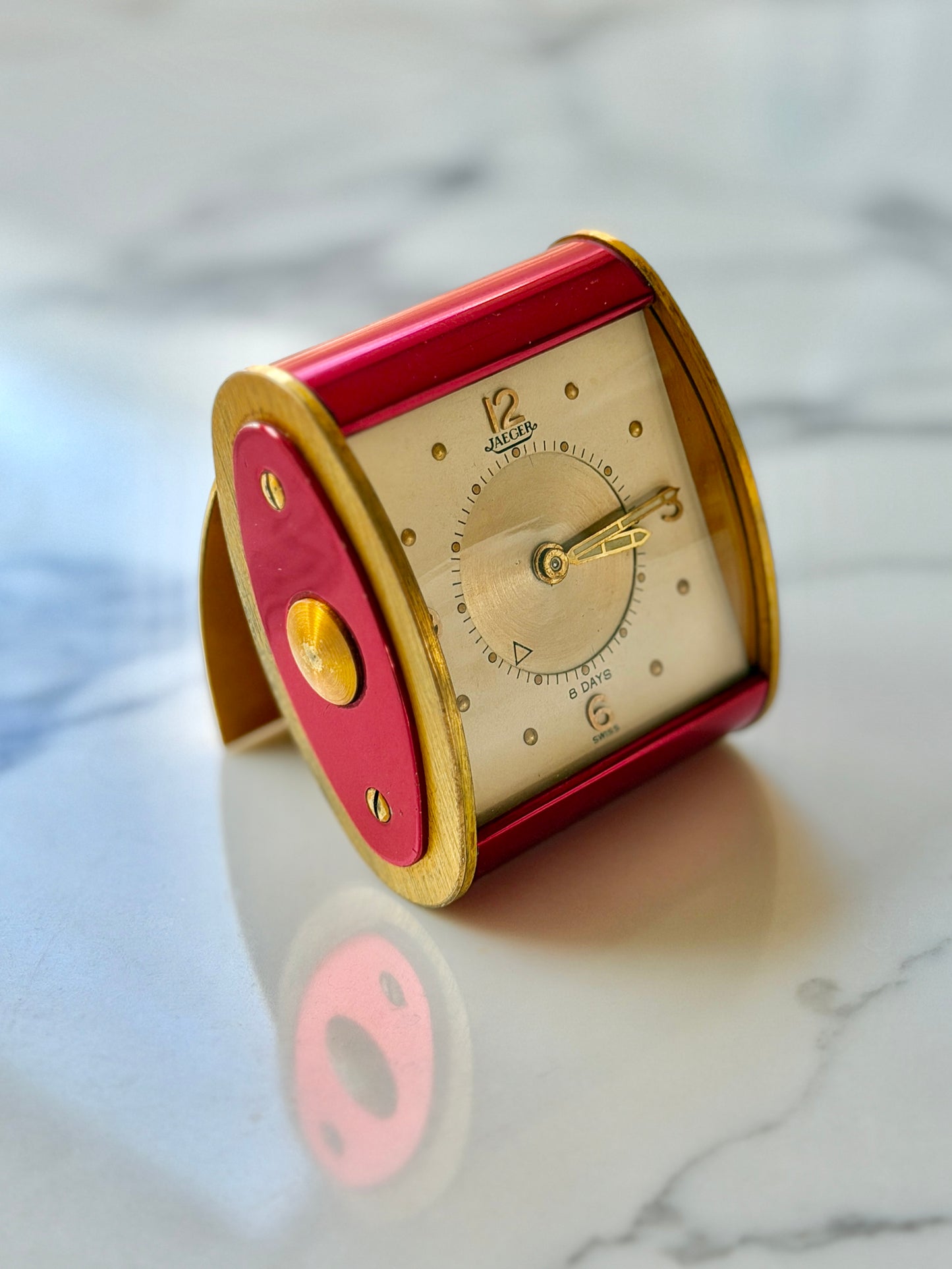 Vintage Jaeger-LeCoultre 8 Day Folding Alarm Clock in Red & Gilt Brass, Swiss Made c.1950s