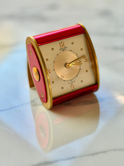 Vintage Jaeger-LeCoultre 8 Day Folding Alarm Clock in Red & Gilt Brass, Swiss Made c.1950s