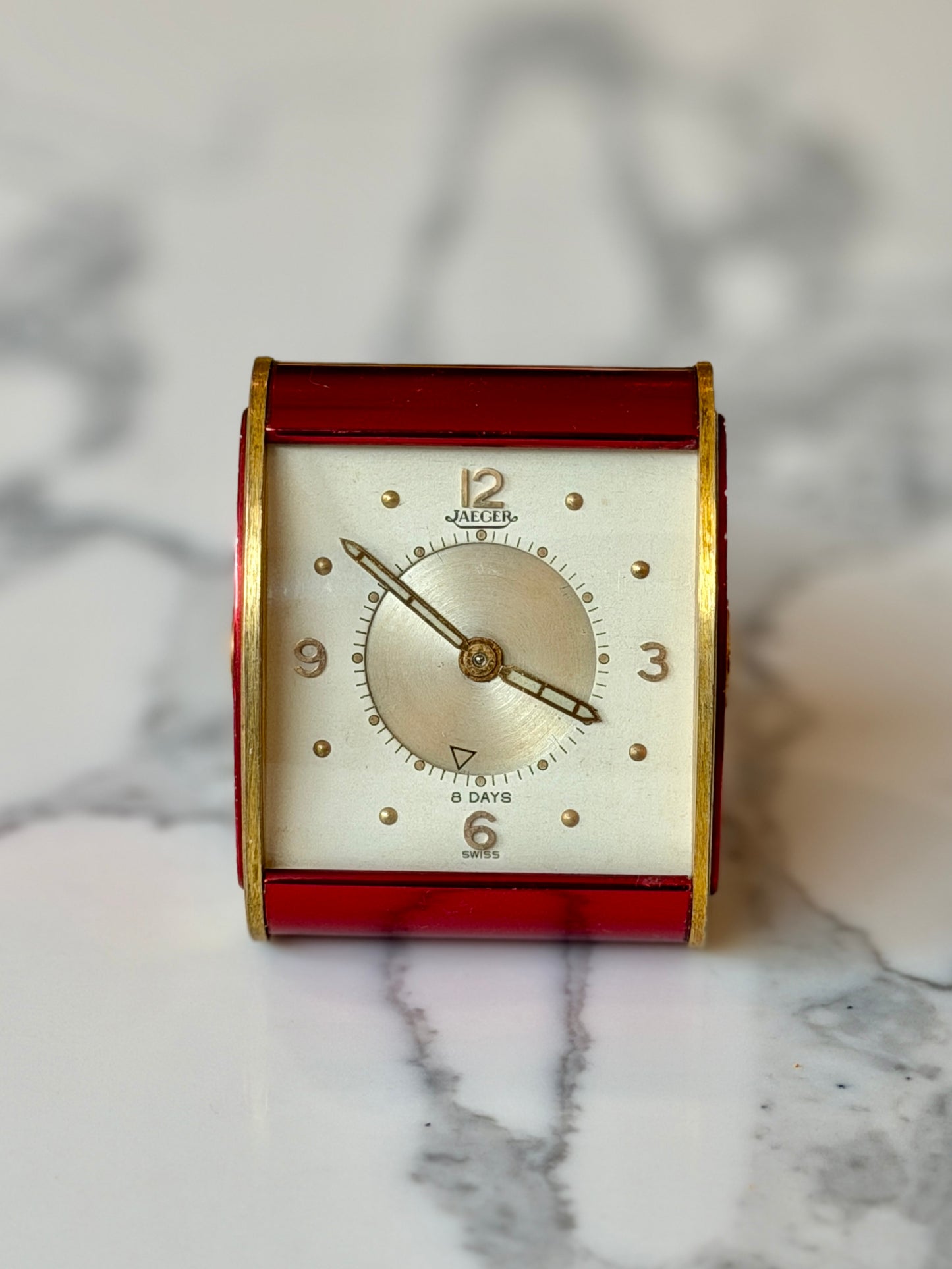 Vintage Jaeger-LeCoultre 8 Day Folding Alarm Clock in Red & Gilt Brass, Swiss Made c.1950s