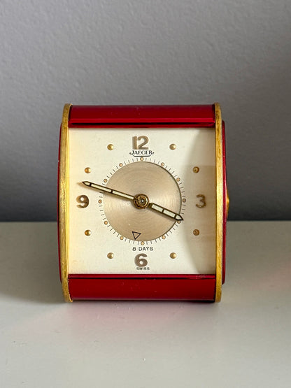 Vintage Jaeger-LeCoultre 8 Day Folding Alarm Clock in Red & Gilt Brass, Swiss Made c.1950s