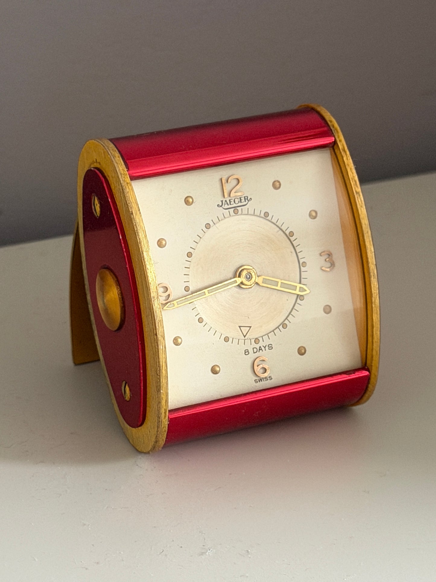 Vintage Jaeger-LeCoultre 8 Day Folding Alarm Clock in Red & Gilt Brass, Swiss Made c.1950s