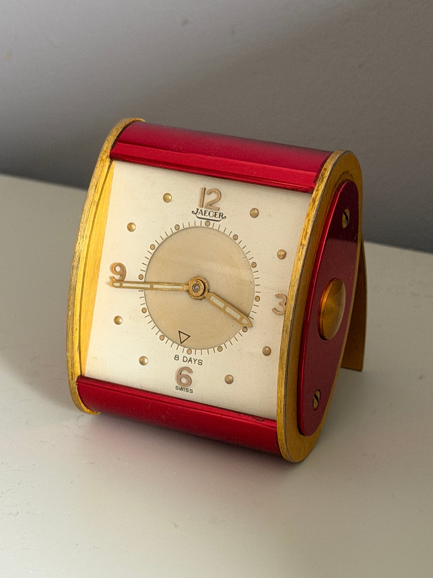 Vintage Jaeger-LeCoultre 8 Day Folding Alarm Clock in Red & Gilt Brass, Swiss Made c.1950s