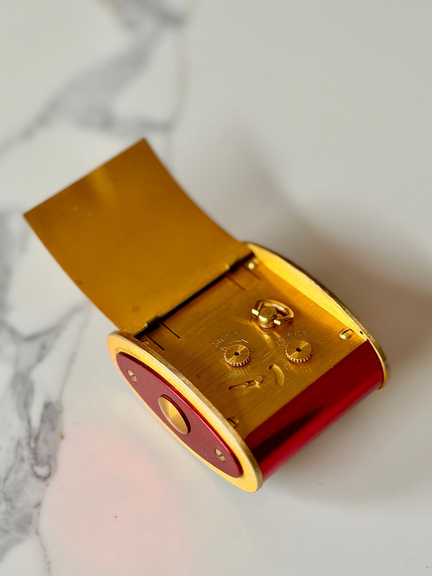 Vintage Jaeger-LeCoultre 8 Day Folding Alarm Clock in Red & Gilt Brass, Swiss Made c.1950s