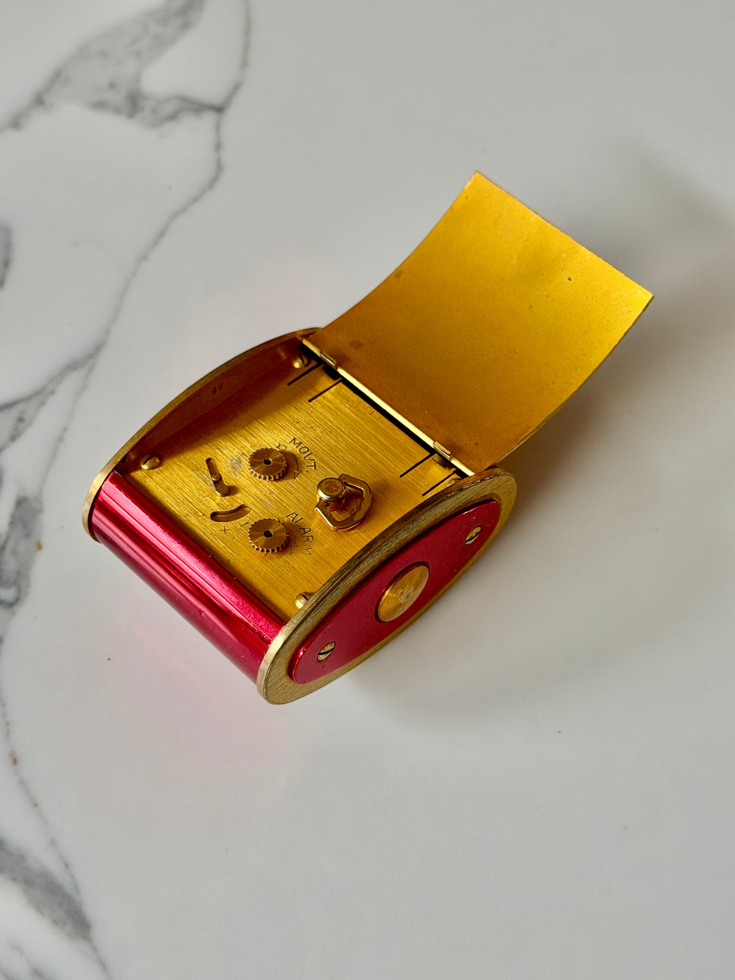 Vintage Jaeger-LeCoultre 8 Day Folding Alarm Clock in Red & Gilt Brass, Swiss Made c.1950s