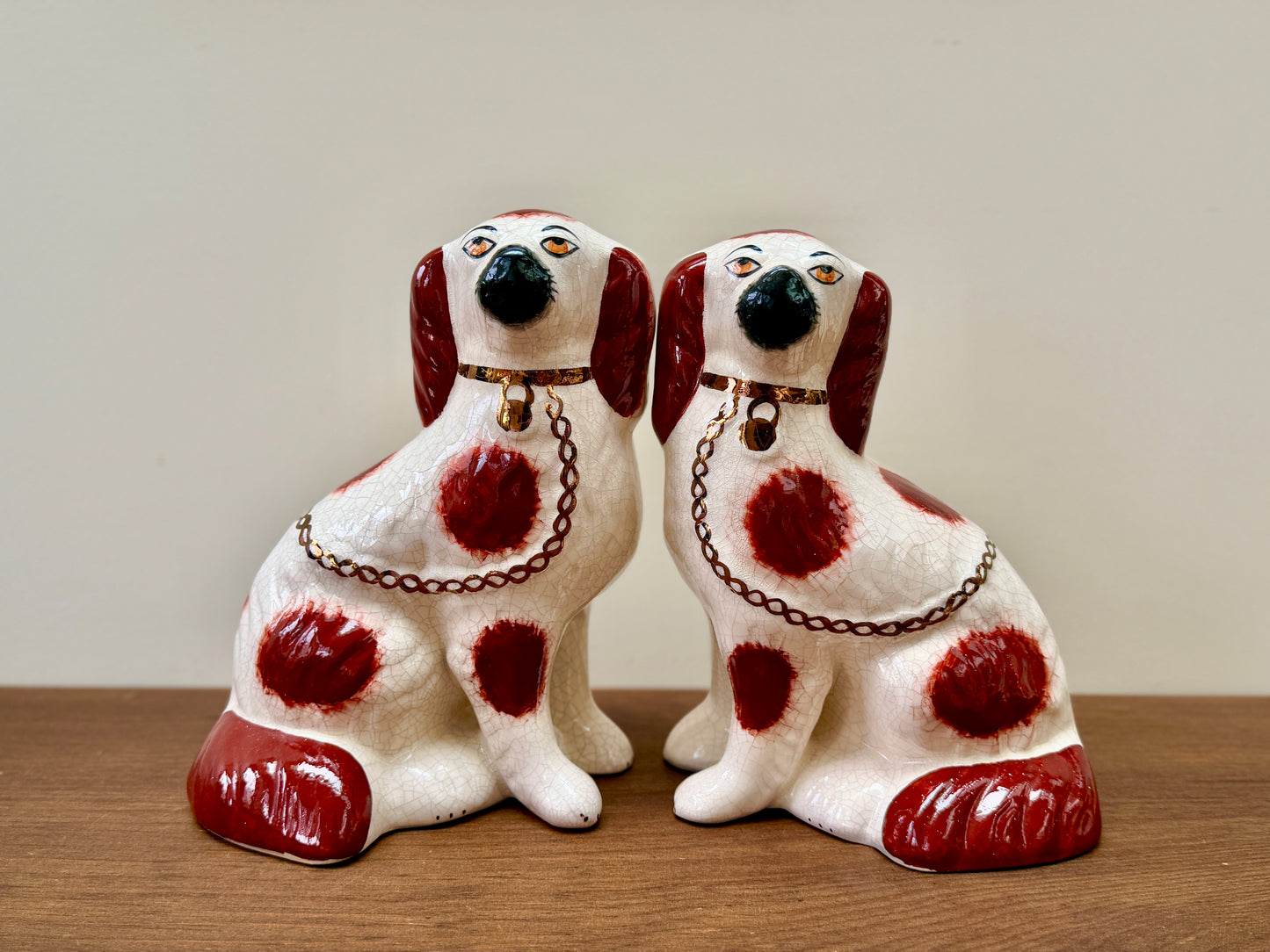 Vintage Pair of Staffordshire Dogs by William Kent | Warm Red-Brown Patches, | c.1940s–1950s