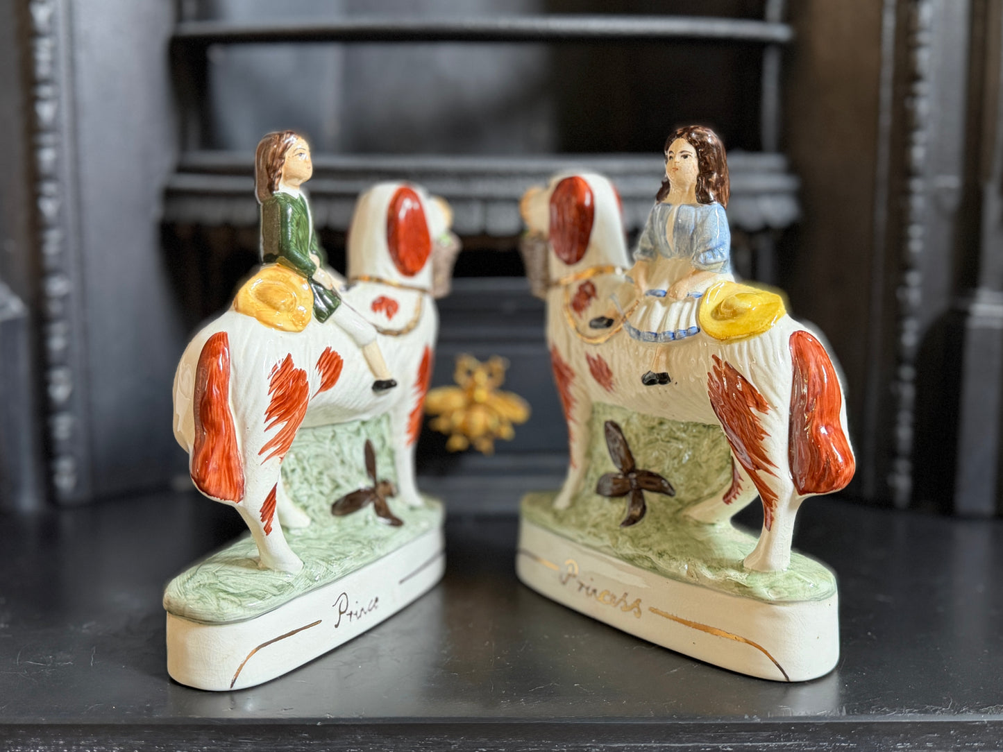 Vintage Pair of Staffordshire "Prince & Princess" Children on Spaniels Flatback by Royale Stratford