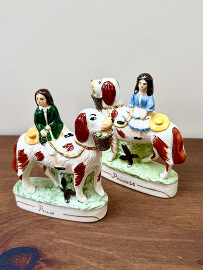 Vintage Pair of Staffordshire "Prince & Princess" Children on Spaniels Flatback by Royale Stratford