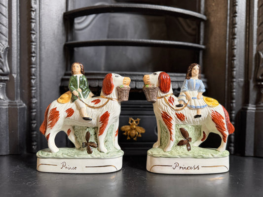 Vintage Pair of Staffordshire "Prince & Princess" Children on Spaniels Flatback by Royale Stratford