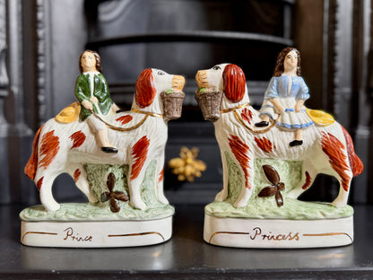 Vintage Pair of Staffordshire "Prince & Princess" Children on Spaniels Flatback by Royale Stratford