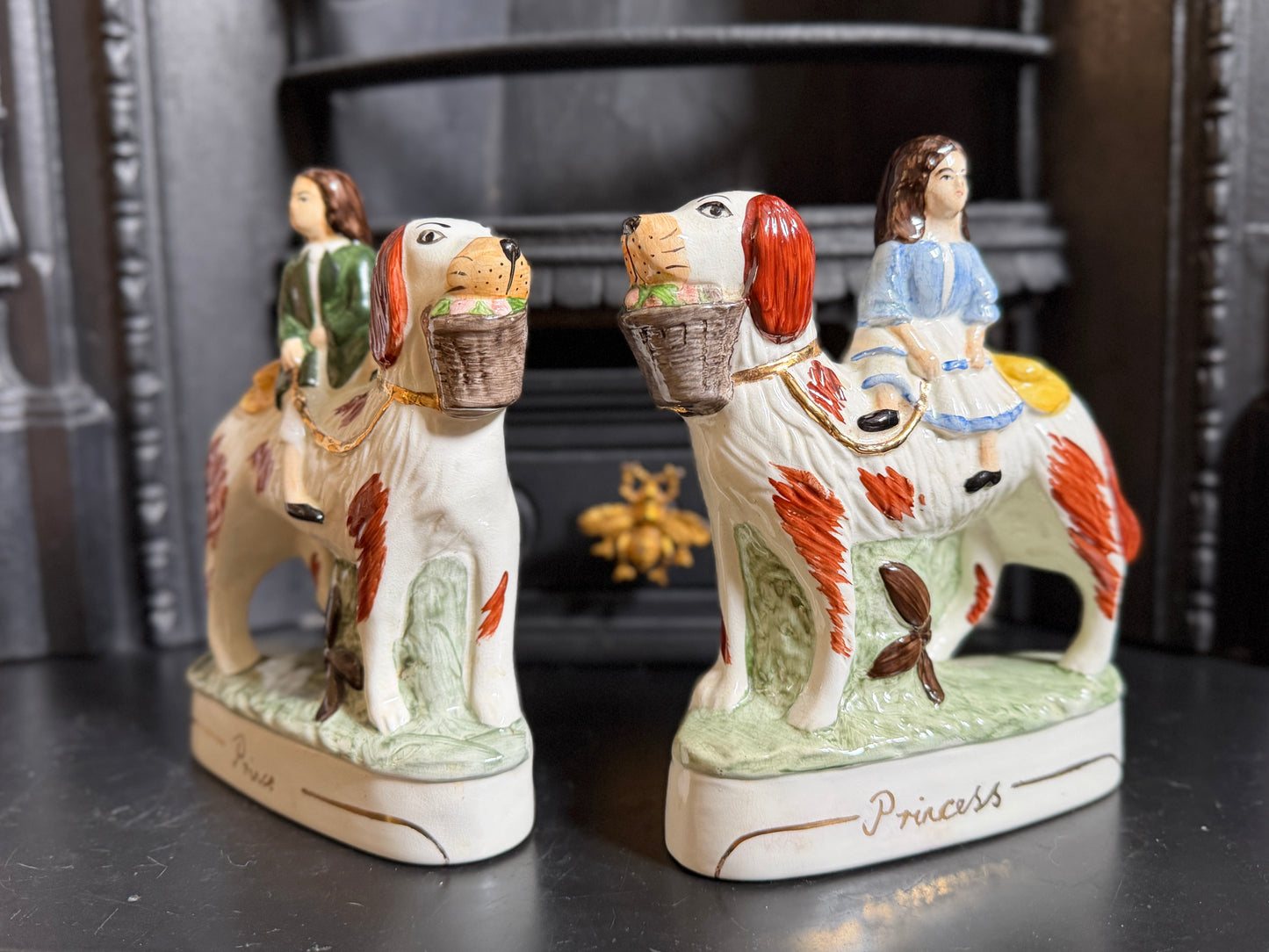 Vintage Pair of Staffordshire "Prince & Princess" Children on Spaniels Flatback by Royale Stratford