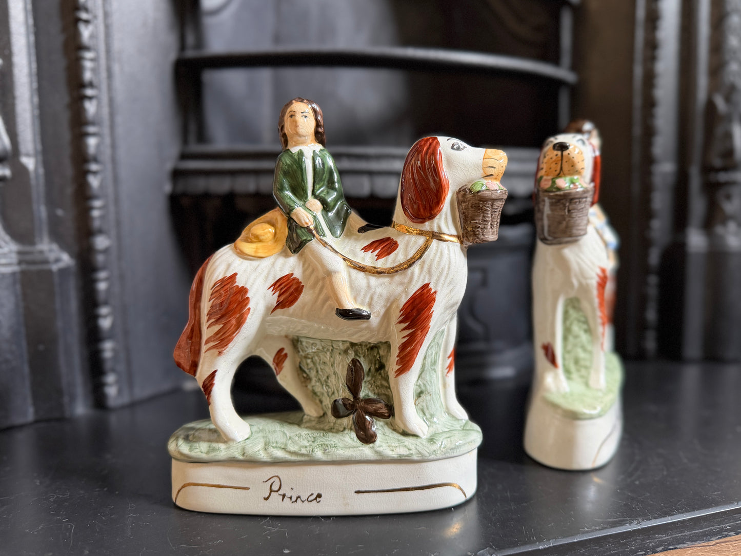 Vintage Pair of Staffordshire "Prince & Princess" Children on Spaniels Flatback by Royale Stratford