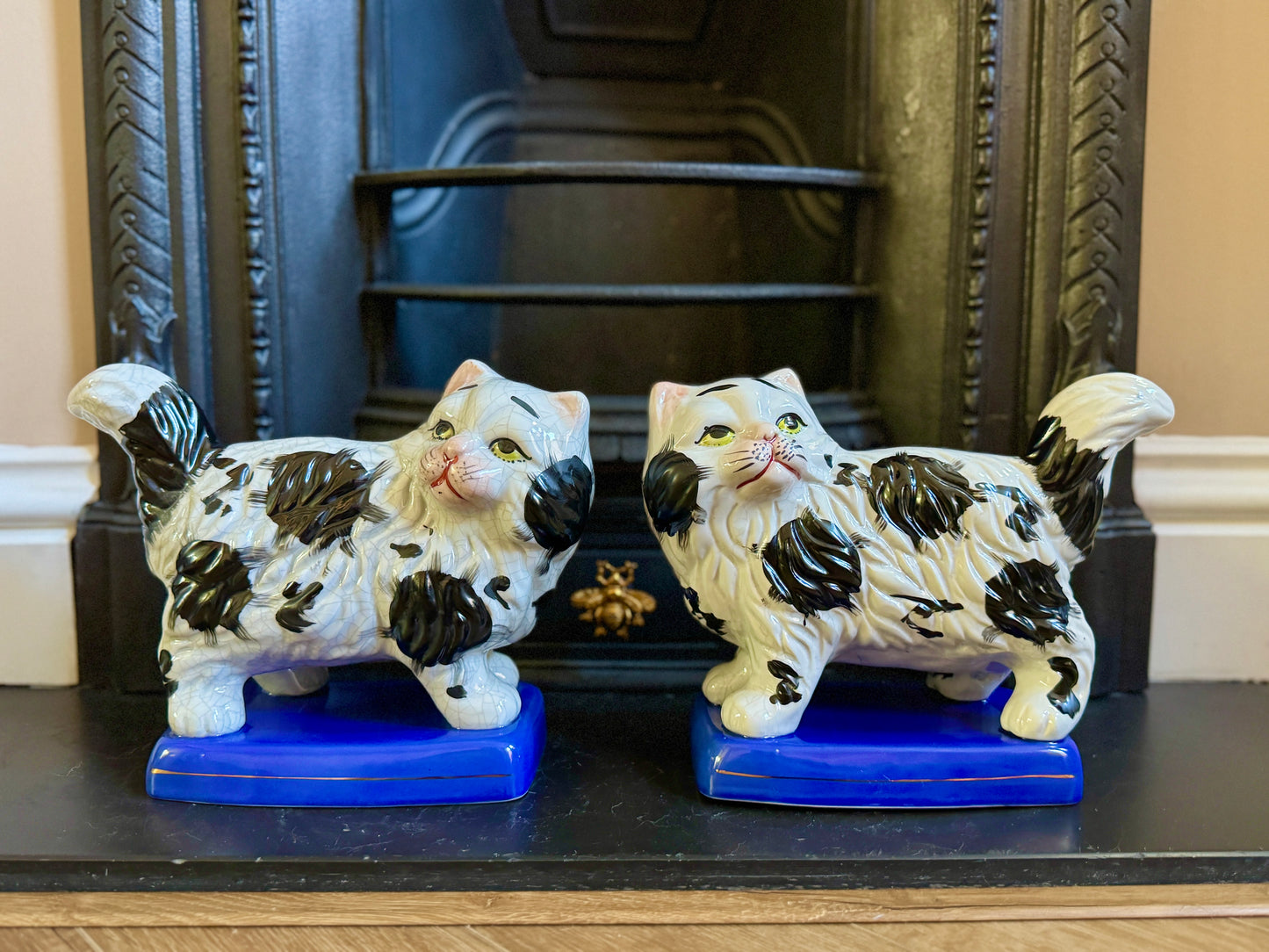 Vintage, Pair of Standing Staffordshire Cats on Cushion