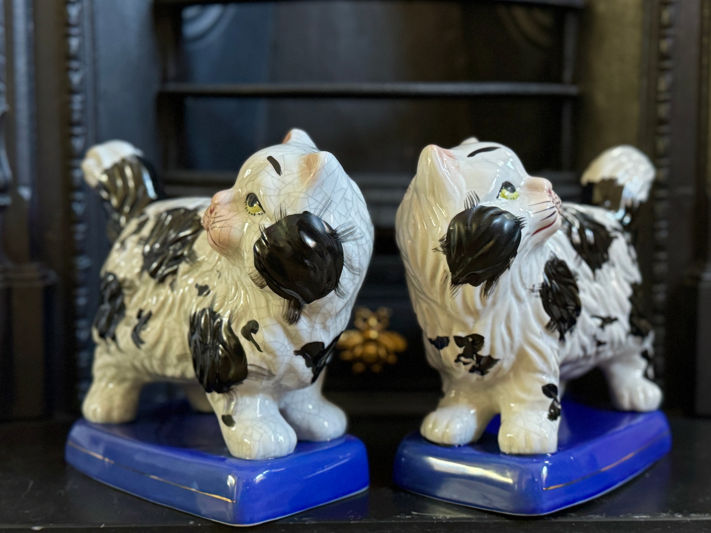 Vintage, Pair of Standing Staffordshire Cats on Cushion