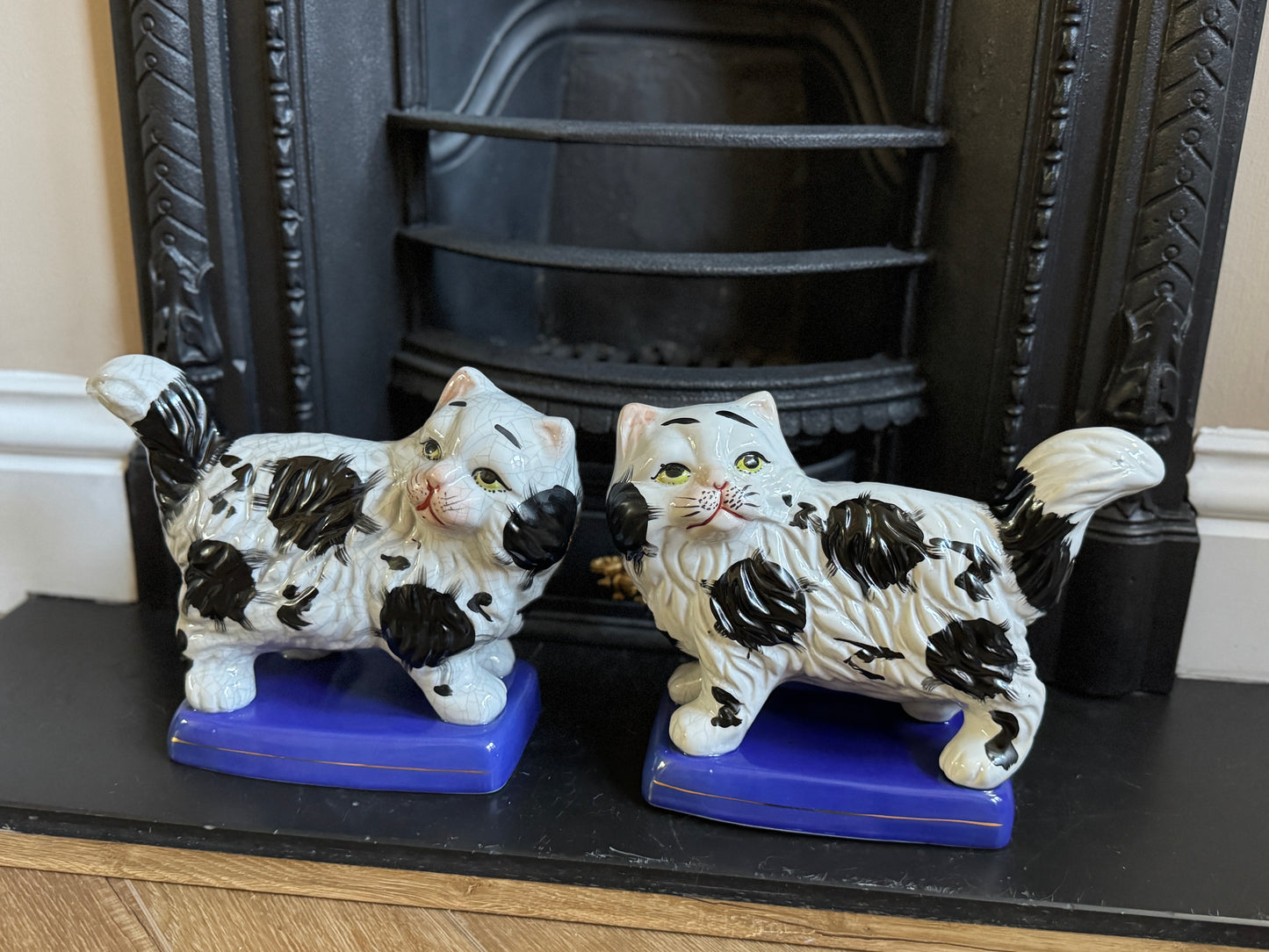 Vintage, Pair of Standing Staffordshire Cats on Cushion