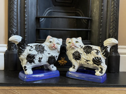 Vintage, Pair of Standing Staffordshire Cats on Cushion