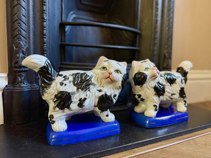 Vintage, Pair of Standing Staffordshire Cats on Cushion