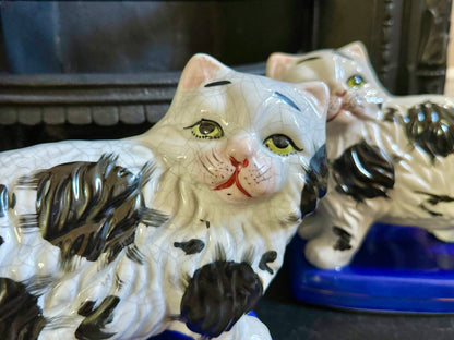 Vintage, Pair of Standing Staffordshire Cats on Cushion