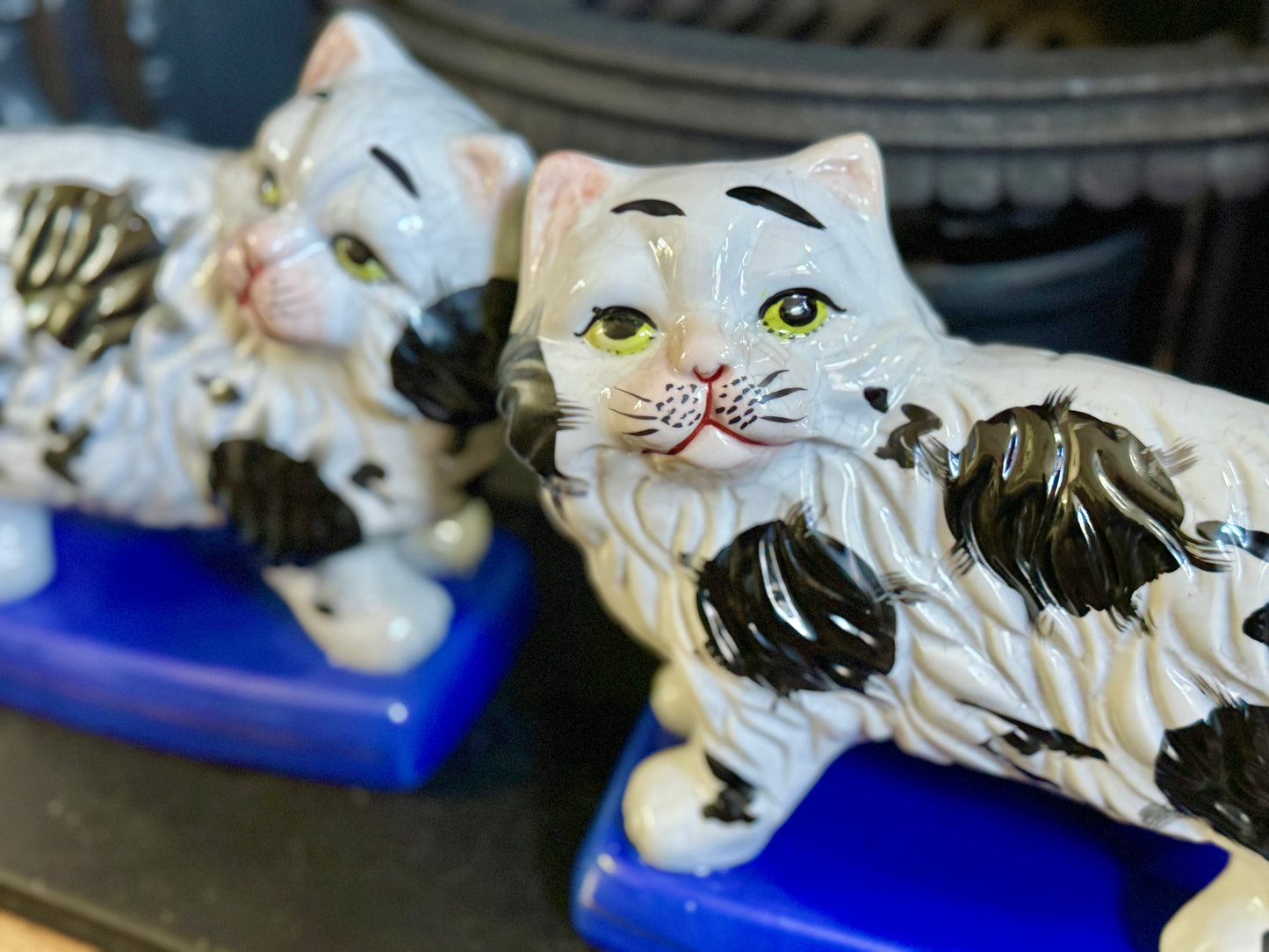 Vintage, Pair of Standing Staffordshire Cats on Cushion