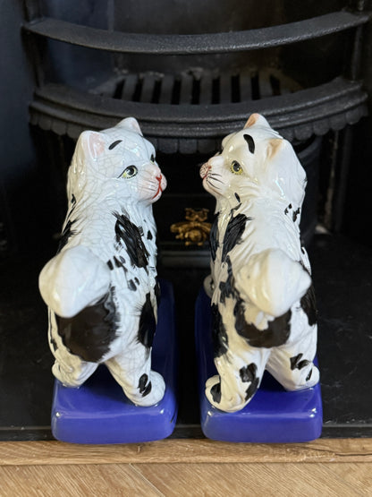 Vintage, Pair of Standing Staffordshire Cats on Cushion