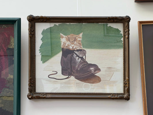 Vintage Signed Watercolour of a Sleeping Kitten in a Boot | Original Framed Cat Painting