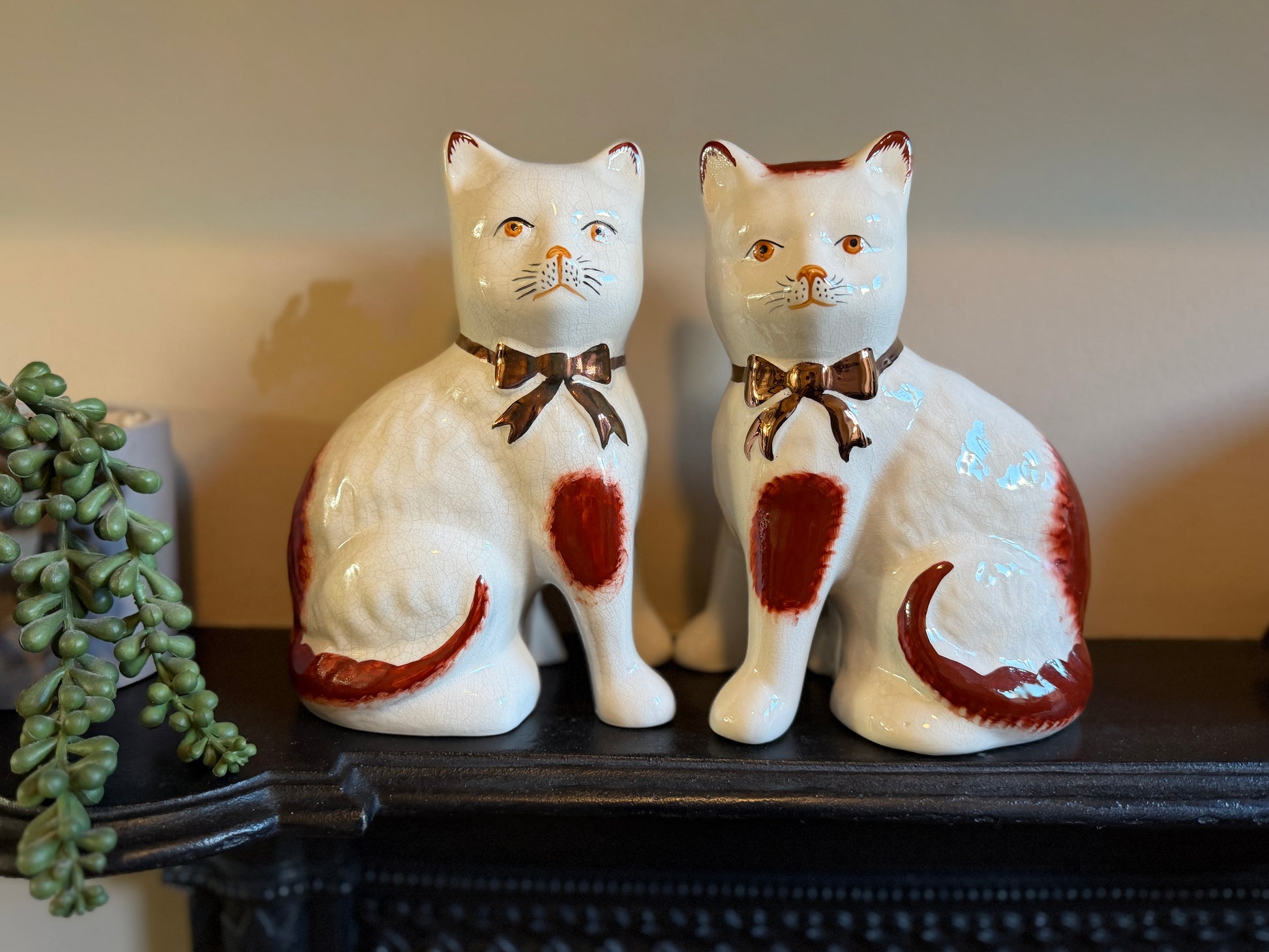 Vintage Staffordshire Cats Pair by William Kent with Red Patches and Gold Bows, C.1940 - 1950s