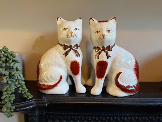 Vintage Staffordshire Cats Pair by William Kent with Red Patches and Gold Bows, C.1940 - 1950s