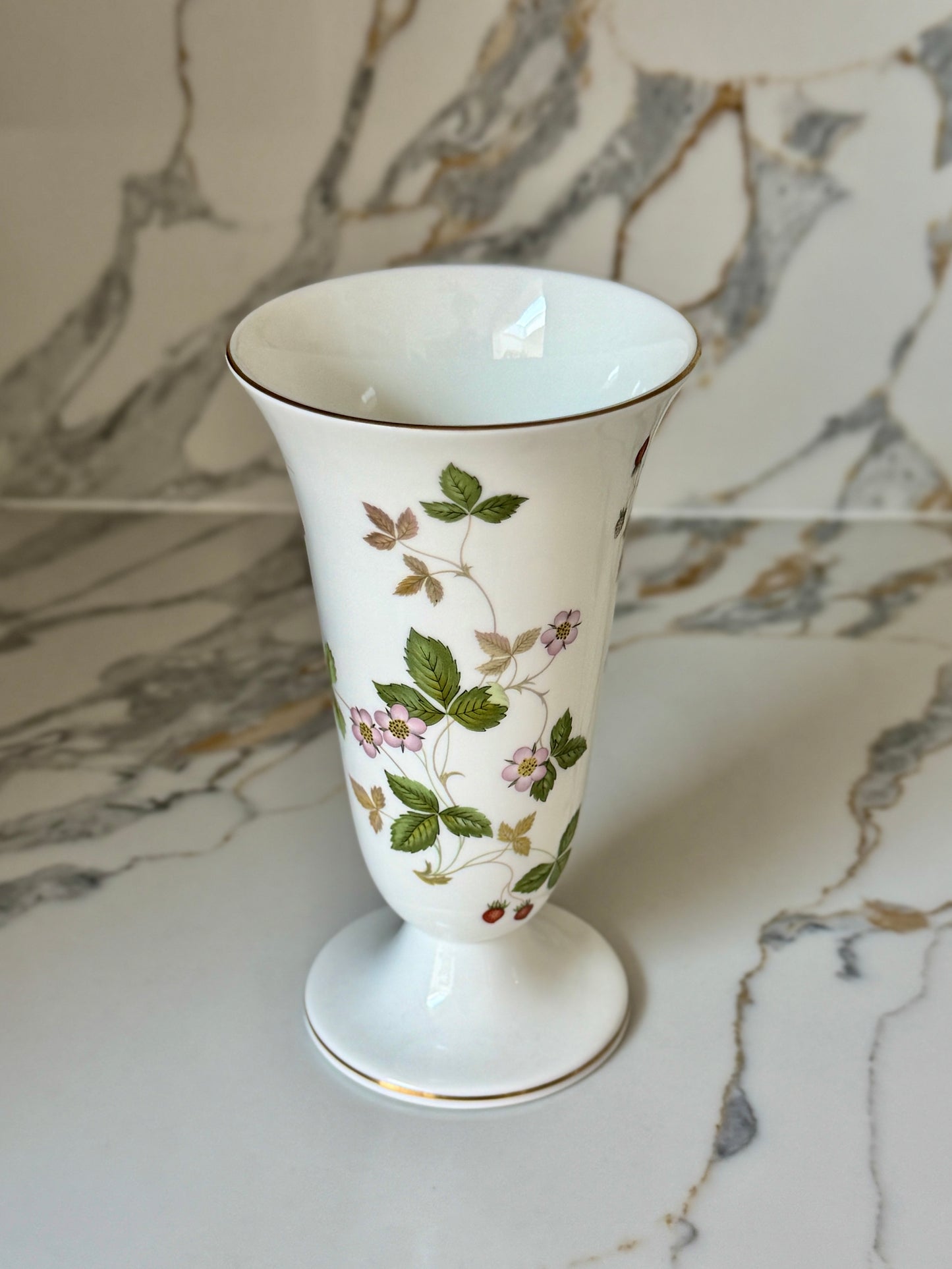 Vintage Wedgwood Wild Strawberry Bone China Footed Trumpet Vase, Made in England