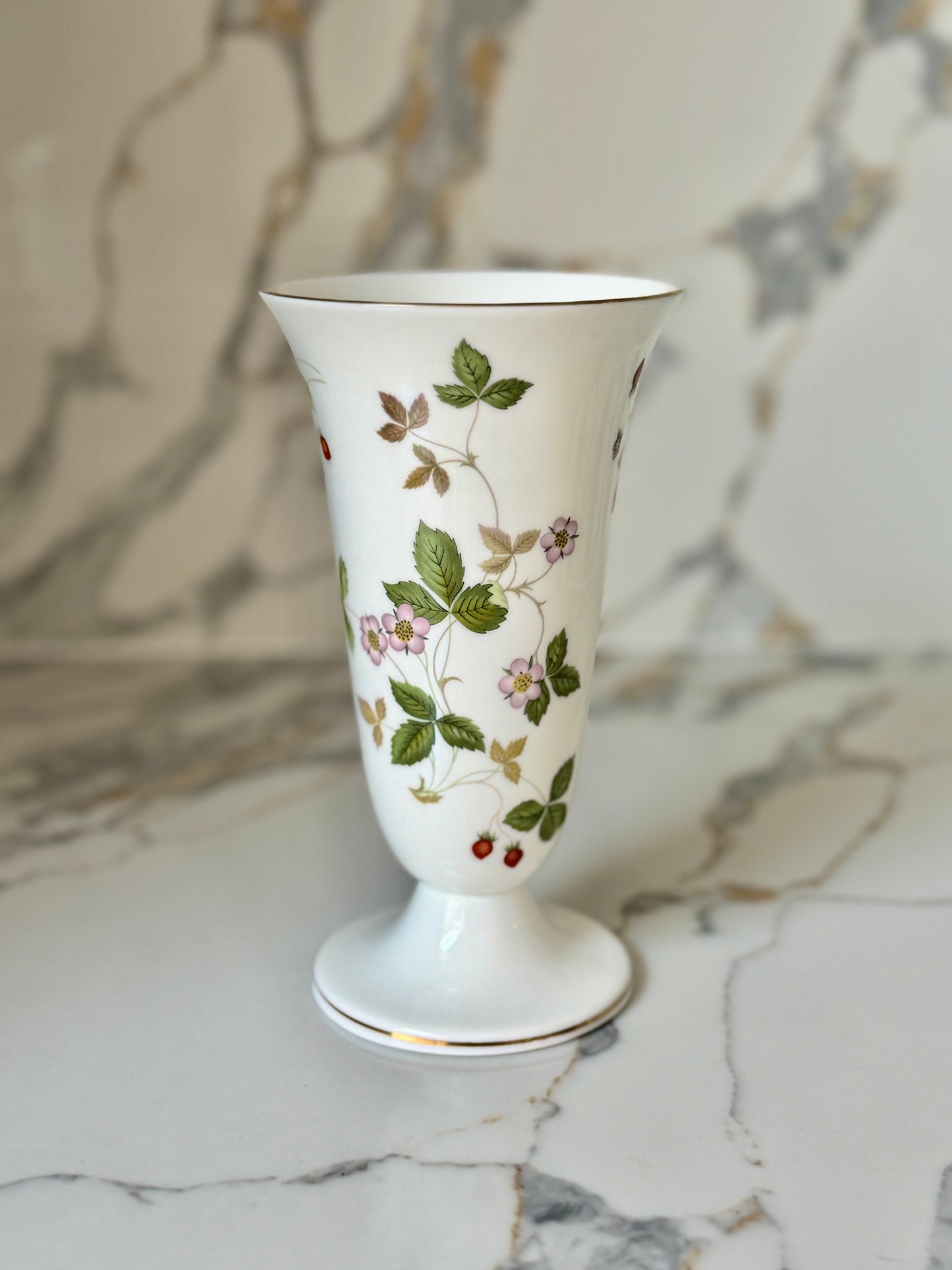Vintage Wedgwood Wild Strawberry Bone China Footed Trumpet Vase, Made in England