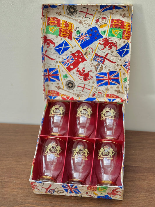 Vintage 1953 Coronation Glass Set (Boxed Set of Six)｜Queen Elizabeth II Commemorative
