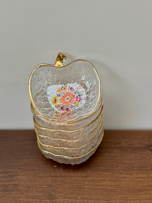 Vintage Apple-Shaped Glass Bowls with Floral Motif, Set of 6 | 1960s–70s Retro Style