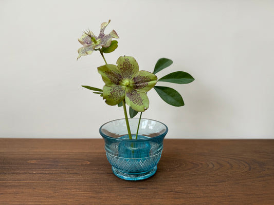 Vintage Blue Pressed Glass Vase with Flower Frog - Geo. Davidson and Co., Design from 1906