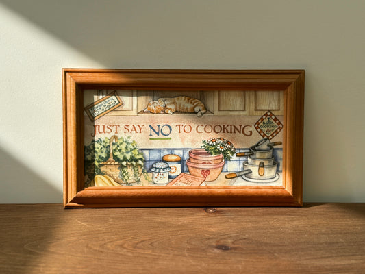 Vintage Framed Print Ginger Cat on Kitchen Shelf 'Jus Say No to Cooking' C.1990