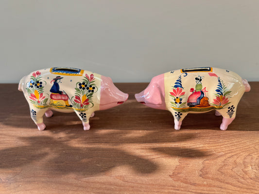 Vintage Pair of Henriot Quimper Piggy Banks | Breton Farmer & Wife, France c.1922–1968