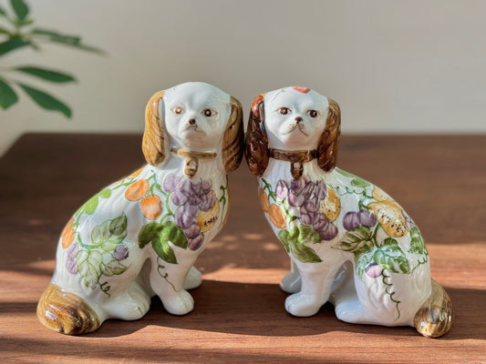 Vintage Pair of Staffordshire-Style Decorative Dogs with Fruit Motifs