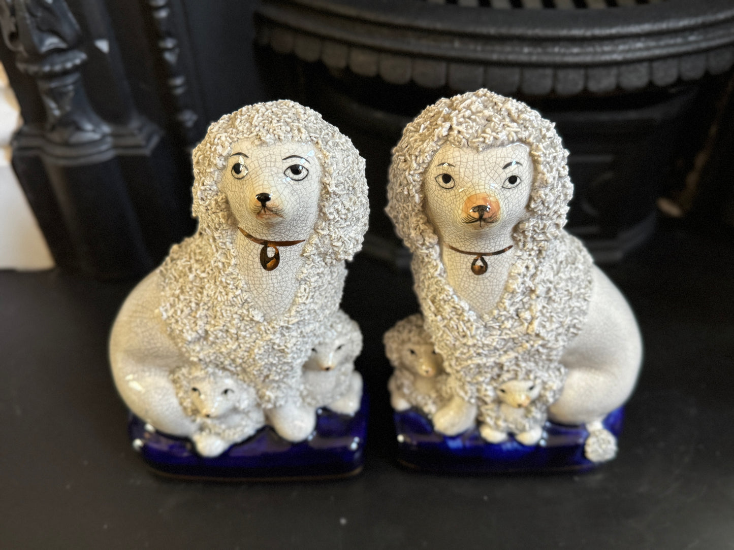 Vintage Pair of Staffordshire Poodles with Puppies
