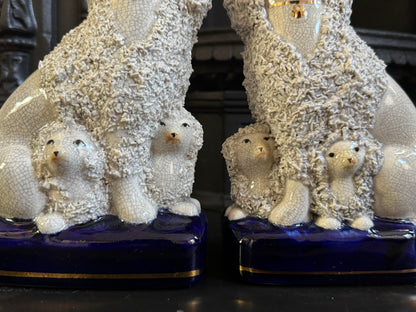 Vintage Pair of Staffordshire Poodles with Puppies