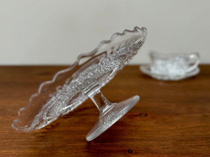 Antique Pressed Glass Pedestal Cake Stand with Scalloped Edge and Diamond Pattern