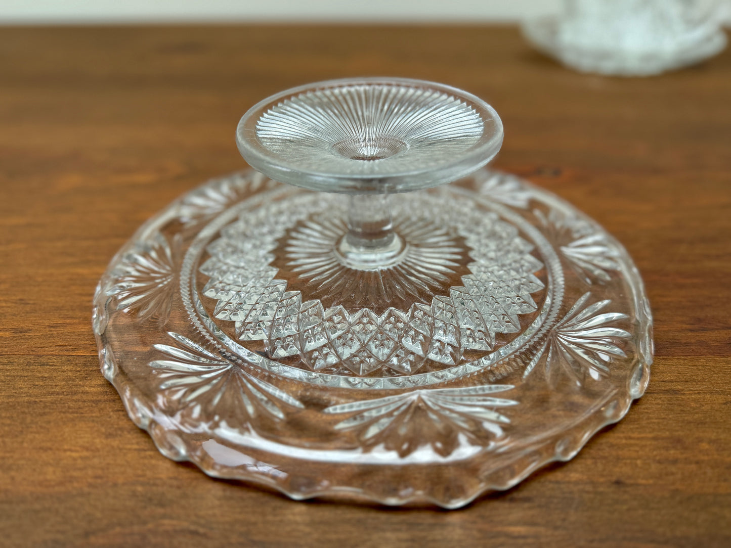 Antique Pressed Glass Pedestal Cake Stand with Scalloped Edge and Diamond Pattern
