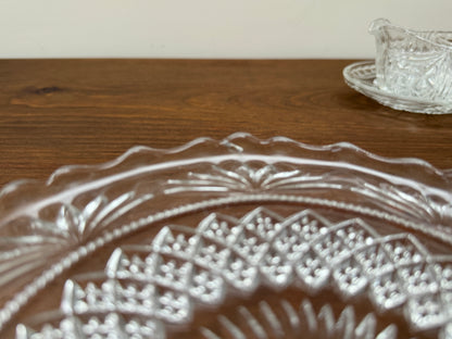 Antique Pressed Glass Pedestal Cake Stand with Scalloped Edge and Diamond Pattern