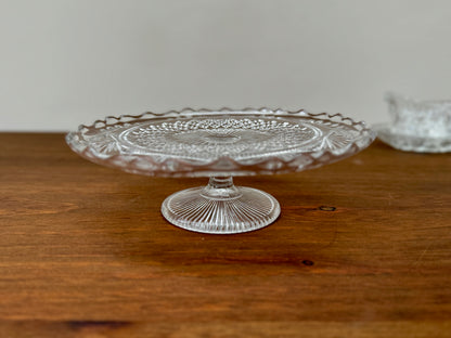 Antique Pressed Glass Pedestal Cake Stand with Scalloped Edge and Diamond Pattern