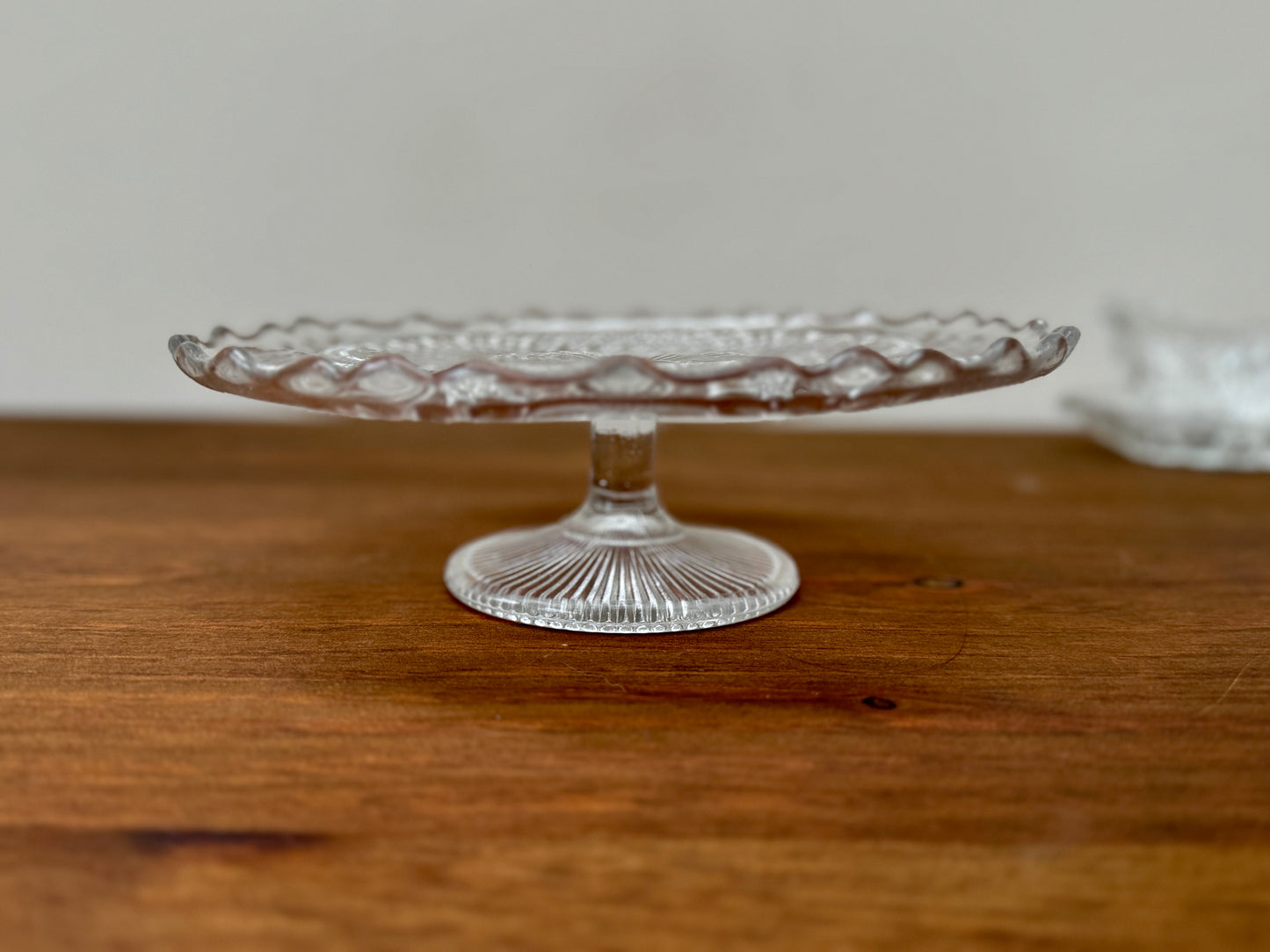 Antique Pressed Glass Pedestal Cake Stand with Scalloped Edge and Diamond Pattern