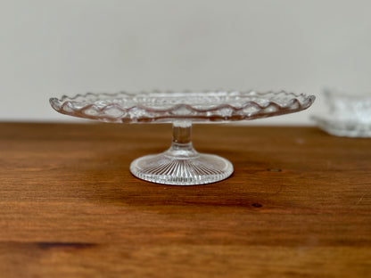 Antique Pressed Glass Pedestal Cake Stand with Scalloped Edge and Diamond Pattern