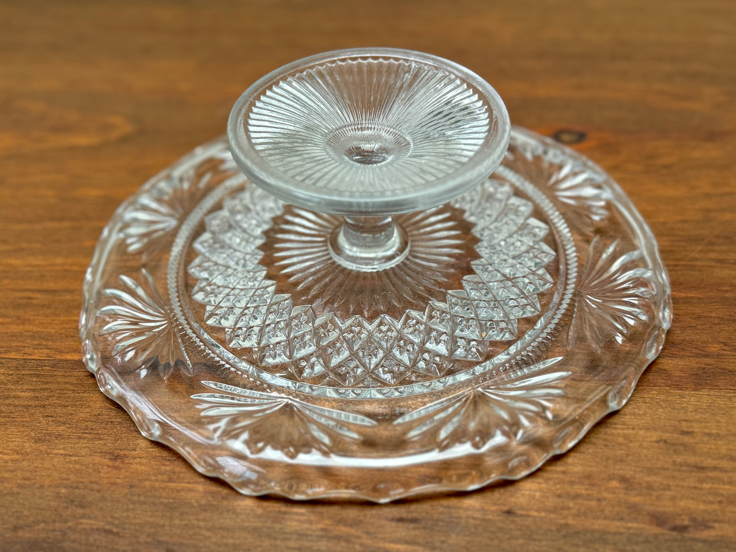 Antique Pressed Glass Pedestal Cake Stand with Scalloped Edge and Diamond Pattern