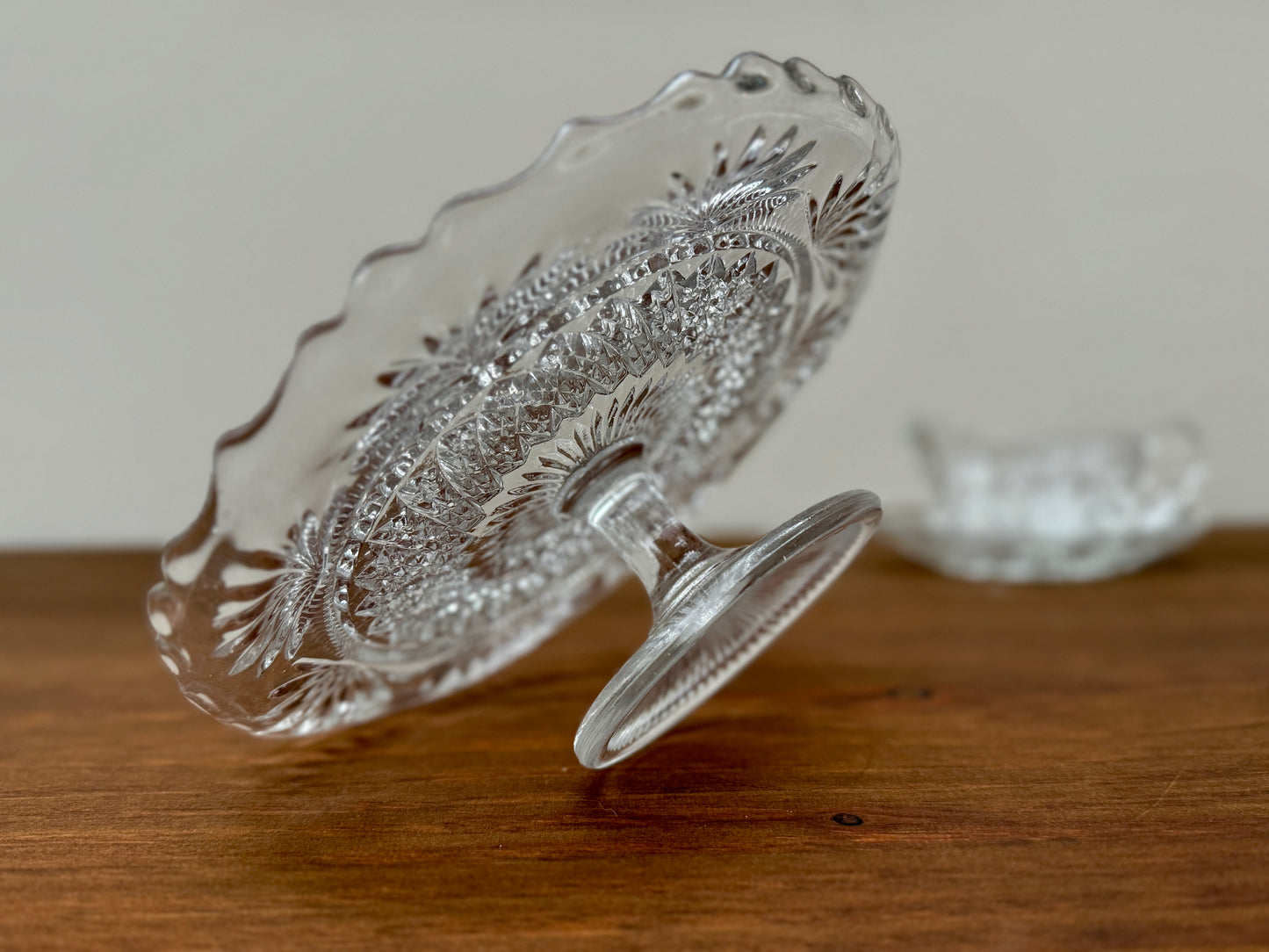 Antique Pressed Glass Pedestal Cake Stand with Scalloped Edge and Diamond Pattern