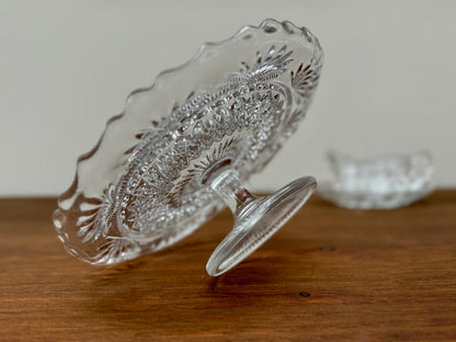 Antique Pressed Glass Pedestal Cake Stand with Scalloped Edge and Diamond Pattern